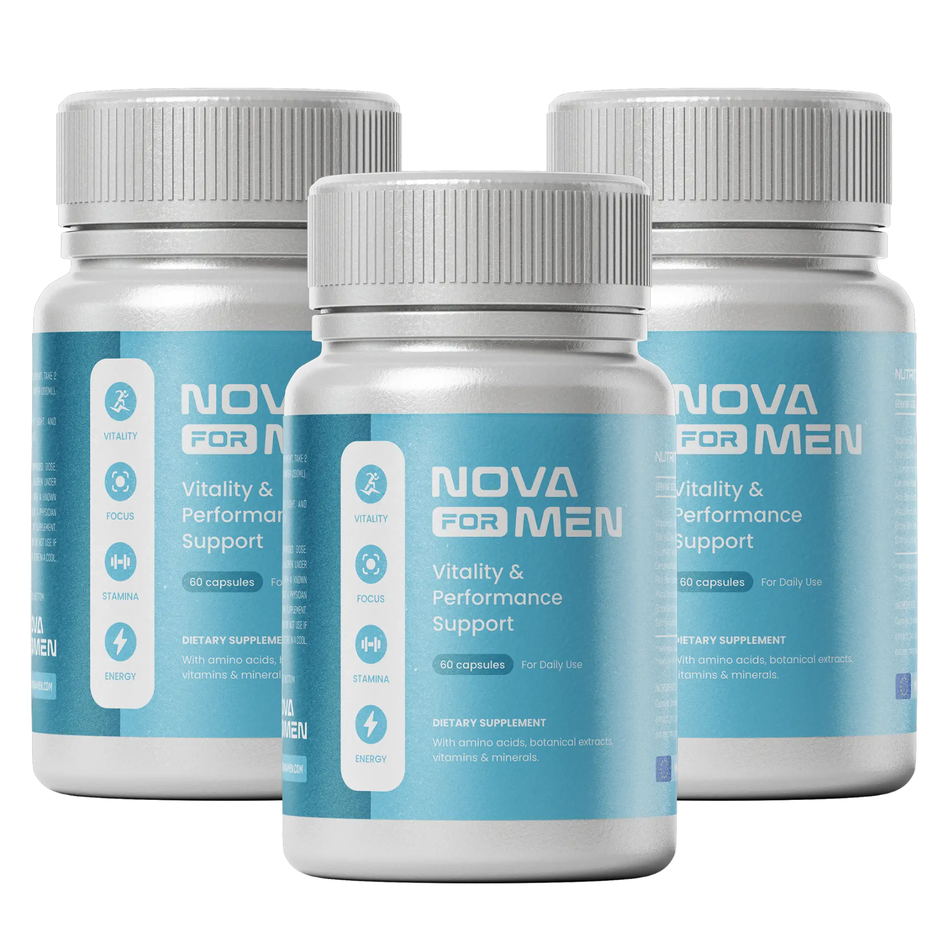 Three Nova4Men supplement bottles with teal labels