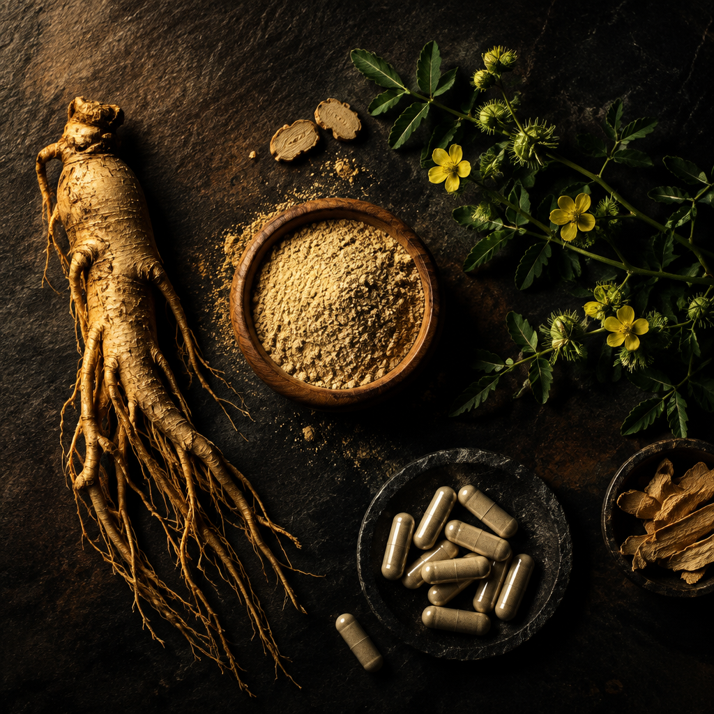 Natural ingredients in Nova4Men: ginseng root, maca powder, tribulus and herbal capsules